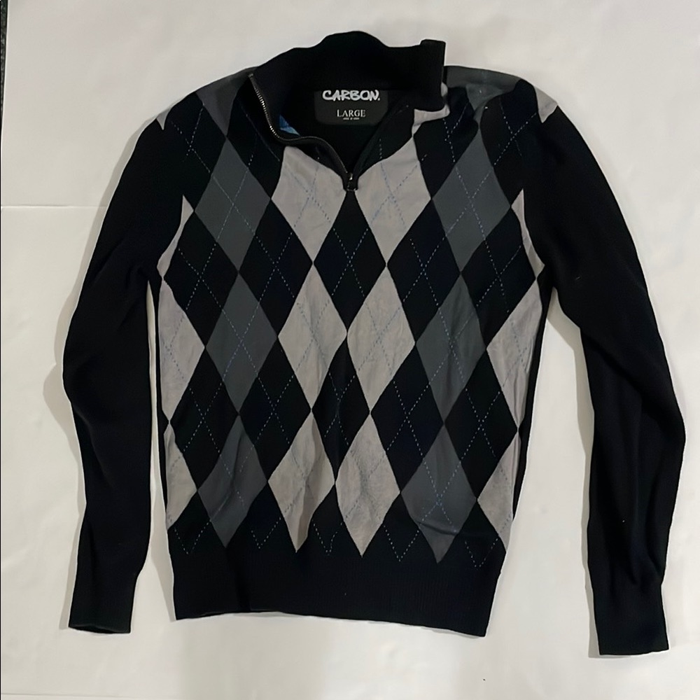 Carbon Men's 1/4 Zip Sweater in Black and Gray Argyle Size Large 100% Cotton